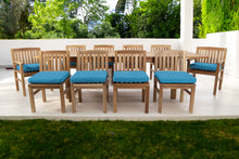 11 pc Huntington Teak Dining Set with 120" Double Leaf Expansion Table. Sunbrella Cushion