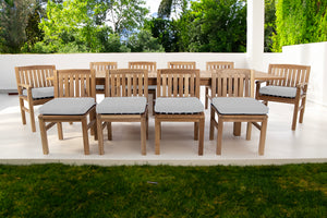 11 pc Huntington Teak Dining Set with 120" Double Leaf Expansion Table. Sunbrella Cushion