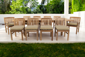 11 pc Huntington Teak Dining Set with 120" Double Leaf Expansion Table. Sunbrella Cushion