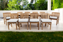 11 pc Huntington Teak Dining Set with 120" Double Leaf Expansion Table. Sunbrella Cushion