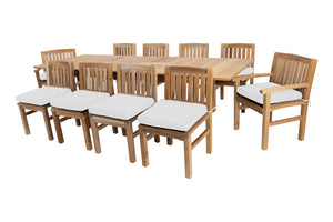 11 pc Huntington Teak Dining Set with 120" Double Leaf Expansion Table. Sunbrella Cushion