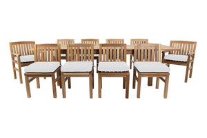 11 pc Huntington Teak Dining Set with 120" Double Leaf Expansion Table. Sunbrella Cushion