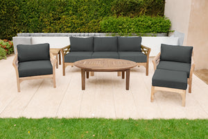 6 pc Monterey Teak Seating Group with 52" Chat Table. Sunbrella Cushion.