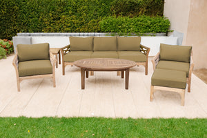 6 pc Monterey Teak Seating Group with 52" Chat Table. Sunbrella Cushion.