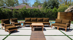 7 pc Huntington Teak Deep Seating Deluxe Sofa Set with 36" Chat Table. Sunbrella Cushion.