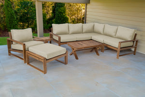 9 pc Newport Teak Sectional Set with 42" Coffee Table. Sunbrella Cushion.