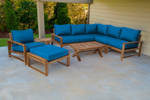 9 pc Newport Teak Sectional Set with 42" Coffee Table. Sunbrella Cushion.