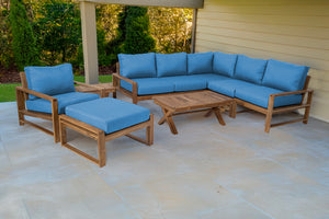 9 pc Newport Teak Sectional Set with 42" Coffee Table. Sunbrella Cushion.