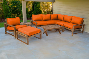 9 pc Newport Teak Sectional Set with 42" Coffee Table. Sunbrella Cushion.