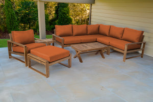 9 pc Newport Teak Sectional Set with 42" Coffee Table. Sunbrella Cushion.