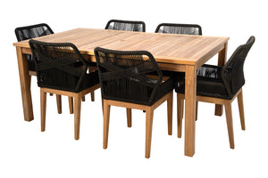 7 pc Beverly Rope & Teak Outdoor Dining Set with 42"x72" Rectangular Dining Table