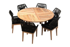 7 pc Beverly Rope & Teak Outdoor Dining Set with 60" Round Table