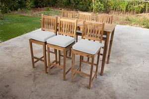 7 pc Huntington Teak Barstool Set with Rectangular Bar Table. Sunbrella Cushion.