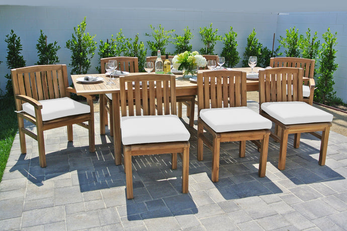 9 pc Huntington Teak Dining Set with Expansion Table. Sunbrella Cushion.