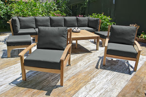 10 pc Huntington Teak Outdoor Seating Group with 42"x72" Chat Table. Sunbrella Cushion.