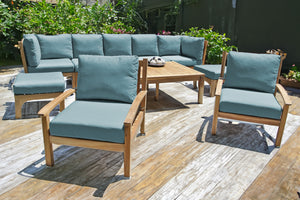 10 pc Huntington Teak Outdoor Seating Group with 42"x72" Chat Table. Sunbrella Cushion.