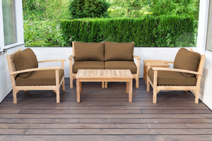 5 pc Huntington Teak Loveseat Deep Seating Set with Coffee Table. Sunbrella Cushion.