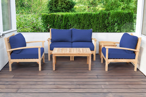 5 pc Huntington Teak Loveseat Deep Seating Set with Coffee Table. Sunbrella Cushion.