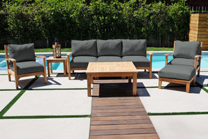 6 pc Huntington Teak Outdoor Deep Seating Group with 36" Chat Table. Sunbrella Cushion