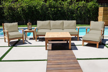 6 pc Huntington Teak Outdoor Deep Seating Group with 36" Chat Table. Sunbrella Cushion