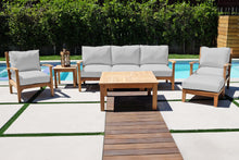 6 pc Huntington Teak Outdoor Deep Seating Group with 36" Chat Table. Sunbrella Cushion