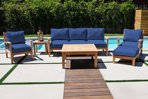 6 pc Huntington Teak Outdoor Deep Seating Group with 36" Chat Table. Sunbrella Cushion