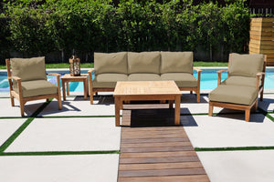 6 pc Huntington Teak Outdoor Deep Seating Group with 36" Chat Table. Sunbrella Cushion