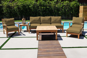 6 pc Huntington Teak Outdoor Deep Seating Group with 36" Chat Table. Sunbrella Cushion