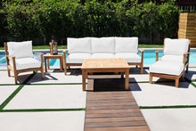 6 pc Huntington Teak Outdoor Deep Seating Group with 36" Chat Table. Sunbrella Cushion