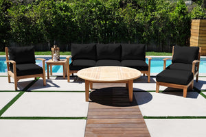 6 pc Huntington Teak Outdoor Deep Seating Group with 52" Chat Table. Sunbrella Cushion