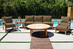 6 pc Huntington Teak Outdoor Deep Seating Group with 52" Chat Table. Sunbrella Cushion