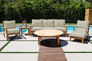 6 pc Huntington Teak Outdoor Deep Seating Group with 52" Chat Table. Sunbrella Cushion