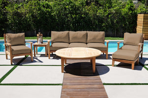 6 pc Huntington Teak Outdoor Deep Seating Group with 52" Chat Table. Sunbrella Cushion