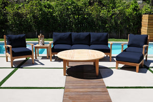 6 pc Huntington Teak Outdoor Deep Seating Group with 52" Chat Table. Sunbrella Cushion