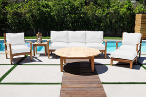 6 pc Huntington Teak Outdoor Deep Seating Group with 52" Chat Table. Sunbrella Cushion