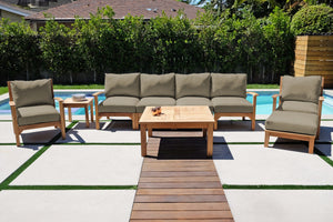 6 pc Huntington Teak Outdoor Deluxe Sofa Deep Seating Group with 36" Chat Table. Sunbrella Cushion