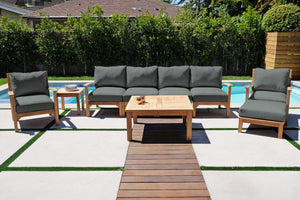 6 pc Huntington Teak Outdoor Deluxe Sofa Deep Seating Group with 36" Chat Table. Sunbrella Cushion