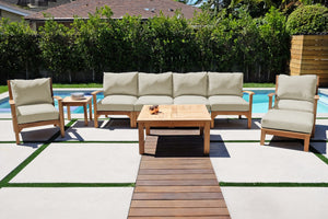 6 pc Huntington Teak Outdoor Deluxe Sofa Deep Seating Group with 36" Chat Table. Sunbrella Cushion