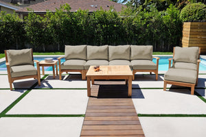 6 pc Huntington Teak Outdoor Deluxe Sofa Deep Seating Group with 36" Chat Table. Sunbrella Cushion