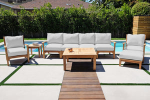 6 pc Huntington Teak Outdoor Deluxe Sofa Deep Seating Group with 36" Chat Table. Sunbrella Cushion