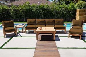 6 pc Huntington Teak Outdoor Deluxe Sofa Deep Seating Group with 36" Chat Table. Sunbrella Cushion