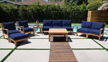 7 pc Huntington Teak Deep Seating Sofa Set with 36" Chat Table. Sunbrella Cushion.