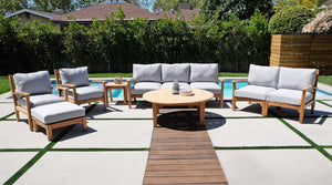 7 pc Huntington Teak Deep Seating Sofa Set with 52" Chat Table. Sunbrella Cushion.