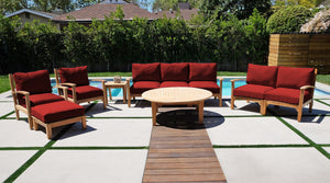 7 pc Huntington Teak Deep Seating Sofa Set with 52" Chat Table. Sunbrella Cushion.