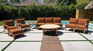 7 pc Huntington Teak Deep Seating Sofa Set with 52" Chat Table. Sunbrella Cushion.