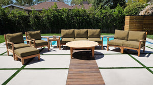 7 pc Huntington Teak Deep Seating Sofa Set with 52" Chat Table. Sunbrella Cushion.