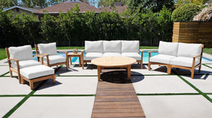 7 pc Huntington Teak Deep Seating Sofa Set with 52" Chat Table. Sunbrella Cushion.