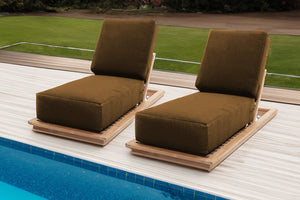 Set of 2 Hermosa Teak Outdoor Chaise Lounger. Sunbrella Cushion.