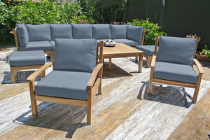 10 pc Huntington Teak Outdoor Seating Group with 42"x72" Chat Table. Sunbrella Cushion.