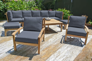 10 pc Huntington Teak Outdoor Seating Group with 42"x72" Chat Table. Sunbrella Cushion.